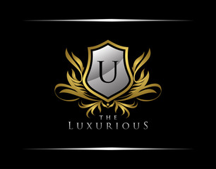 Classy Shield Logo with U Letter in Royal Badge Vector Logo Template Used for hotel, restaurant, boutique, jewellery invitation, business card etc