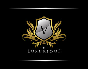 Classy Shield Logo with V Letter in Royal Badge Vector Logo Template Used for hotel, restaurant, boutique, jewellery invitation, business card etc