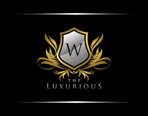 Classy Shield Logo with W Letter in Royal Badge Vector Logo Template Used for hotel, restaurant, boutique, jewellery invitation, business card etc