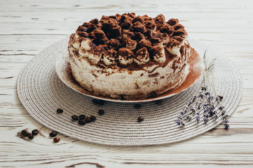 Italian dessert homemade tiramisu cake with biscuit