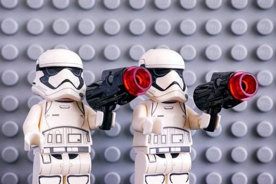 Tambov, Russian Federation - July 08, 2018 Two Lego First Order  Stormtroopers with blasters on gray baseplate background. Stock Photo |  Adobe Stock
