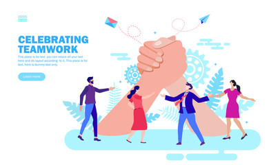 office people celebrating teamwork and together and discussing with joining hands