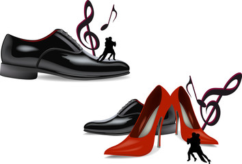 scarpe da cerimonia e spettacolo con nota musicali e ballerini