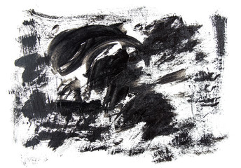 Black acrylic brush strokes, scribble and stain on white canvas. Abstract grunge handmade drawing.
