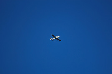 Ein kleines Flugzeug Cessna Kleinflugzeug fliegt vor blauem Himmel