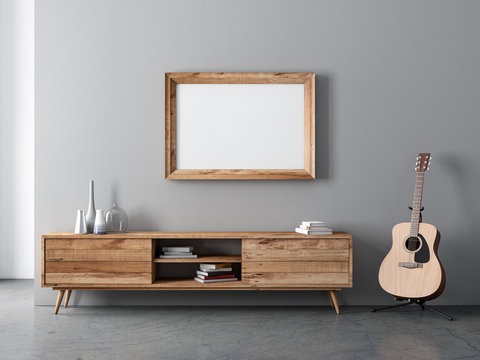 Horizontal Wooden Frame poster Mockup hanging above console and acoustic guitar