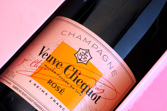 Tambov, Russian Federation - October 06, 2017 Close-up of Bottle of Champagne Veuve Clicquot Rose in pink box