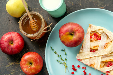 Apple pie with lingonberries and honey on a bright plate. Milk and apples on the table.
