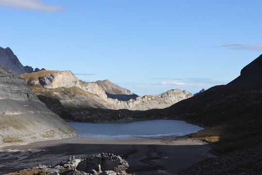 Lake in the mountains of canton of Wallis / Valais. Daubensee, Gemmi - Leukerbad.