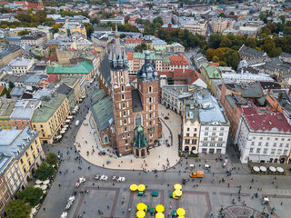 Fototapeta premium Aerial view of St. Mary's Church on the Main Square in Krakow, Poland