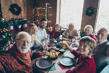 Photo of large family with grandparent taking selfie and grandchildren son and daughter wife husband smiling toothily with festive mood in the eve of new year at leisure