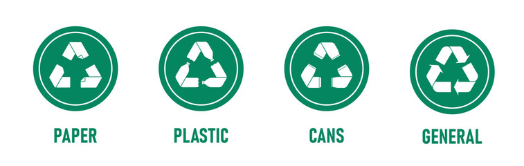 Recycling signs with waste products labels