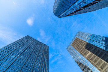low angle view of skyscrapers in city of China.