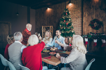 Nice friendly idyllic cheerful cheery big full family boy spending winter gathering eating brunch grandpa saying toast clinking glass in modern industrial loft brick style interior decorated house