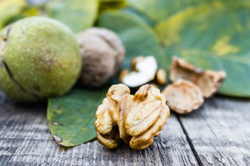 Walnut kernels and whole walnuts lie next to nuts in green shells and green leaves on a rustic old wooden table.