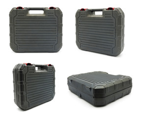 Set of household portable black plastic toolbox isolated on white background