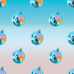 Flying in the air Christmas balls on the pastel blue gradient background