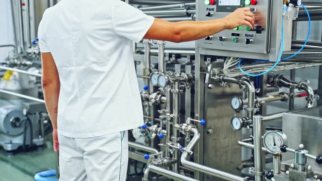 Food processing industry. Equipment for milk production at modern factory