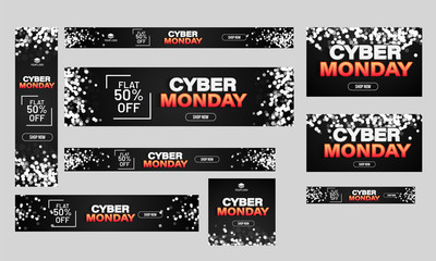 Set of Cyber Monday sale poster, banner and template design with flat 50% discount offer.