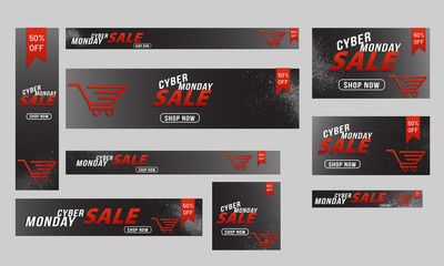 Collection of header or banner design with 50% discount offers for Cyber Monday sale.