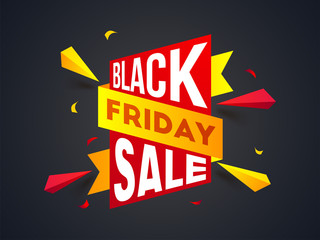 Sale poster design with tag or label and abstract elements on black background for Black Friday.