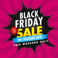 Halftone style weekend Sale template or flyer design with 65% discount offer for Black Friday.