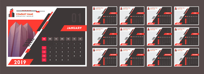 Yearly calendar design for 2019, decorated with abstract pattern and space for your image.