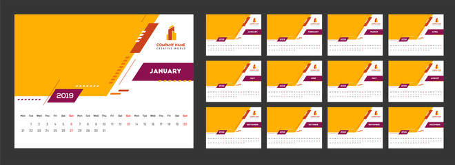 Year 2019, Calendar design with abstract elements.