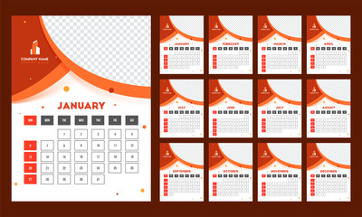 Complete set of 12 months, yearly calendar design with space for your image.