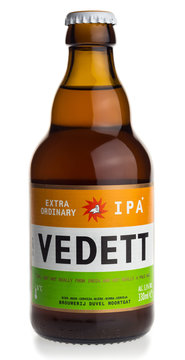 GRONINGEN, NETHERLANDS - MARCH 04, 2017: Bottle of Belgian Vedett IPA beer isolated on a white background