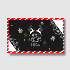 Merry christmas gift card design decorated with reindeers, holly berries and snowflakes on black background.