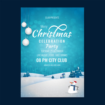 Merry Christmas Party Template Or Flyer Design With Winter Landscape, Time And Venue Details On Blurred Blue Background.