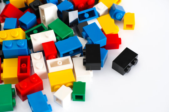 Tambov, Russian Federation - February 19, 2015 Multicolor Lego Blocks on white background 
