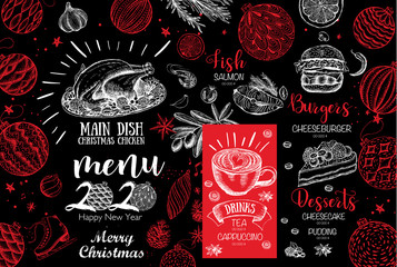 Christmas restaurant menu. Sketch illustration. Vector.