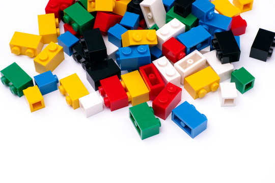 Tambov, Russian Federation - February 19, 2015 Colorful Lego Blocks on a white background. Studio shot.