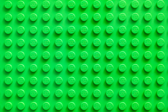 Tambov, Russian Federation - February 20, 2015 Lego green baseplate. Lego toys manufactured by the Lego Group (Billund, Denmark).