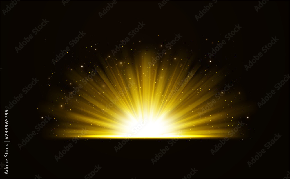 Wall mural golden bright shining light effect with stars. rays of light with sparkles on dark background.