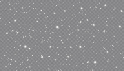Snowfall with various shapes of snowflakes on transparent background. Christmas falling flying snow, flakes. Snow background