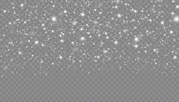 Snowfall with various shapes of snowflakes on transparent background. Christmas falling flying snow, flakes. Snow background