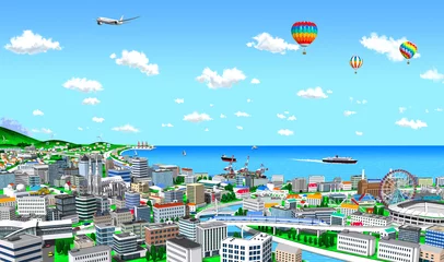Deurstickers Sunny port town, jet plane and balloon in the sky, 3d render © mayoyoma