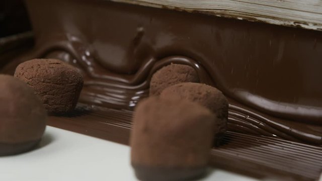 Chocolate truffles on a conveyor belt at candy factory
