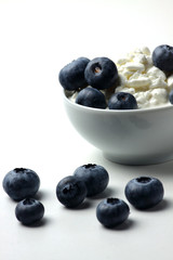 a bowl of cottage cheese and blueberry isolated on white background