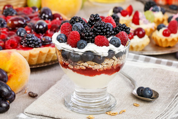 Layer fruit dessert in glass container