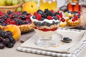 Layer fruit dessert in glass container