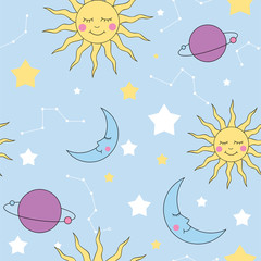 Cute space seamless pattern. Cartoon style