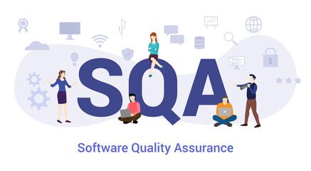 sqa software quality assurance concept with big word or text and team people with modern flat style - vector