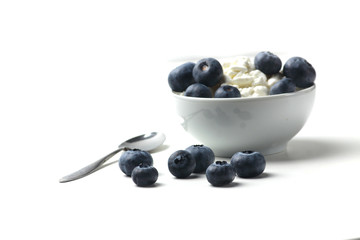 a bowl of cottage cheese and blueberry and a spoon isolated on white background