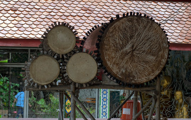 Naklejka premium Huge outdoor drums at Wat Chiang Man, Chiang Mai, Thailand