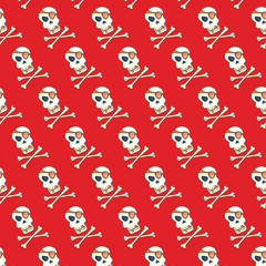 Jolly Roger with eyepatch logo template. Evil skull watercolor illustration. Seamless pattern on green background
