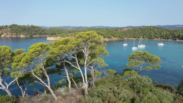 Aerial view of Cap Leoube and estagnol beach located near Bormes les mimosas in Var department, south of France